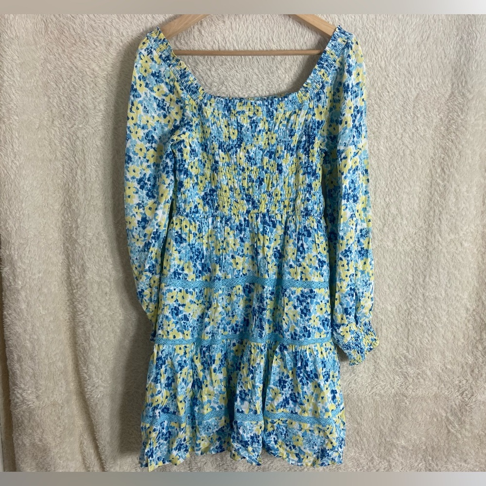 Beautiful Women’s Floral Smocked Japna Dress Blue Yellow and White Size Small
